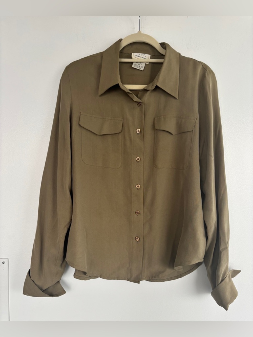 Field Manor Modern Classics 100% Silk Long Sleeve Button Down Blouse in Olive